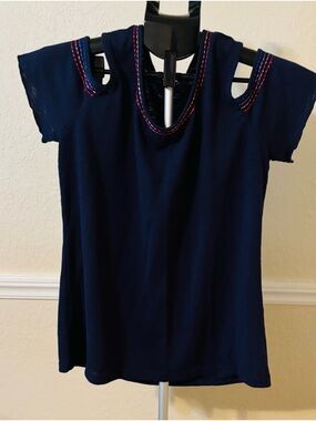 Navy Cold-Shoulder Women's Top with Pink Stitch Detail